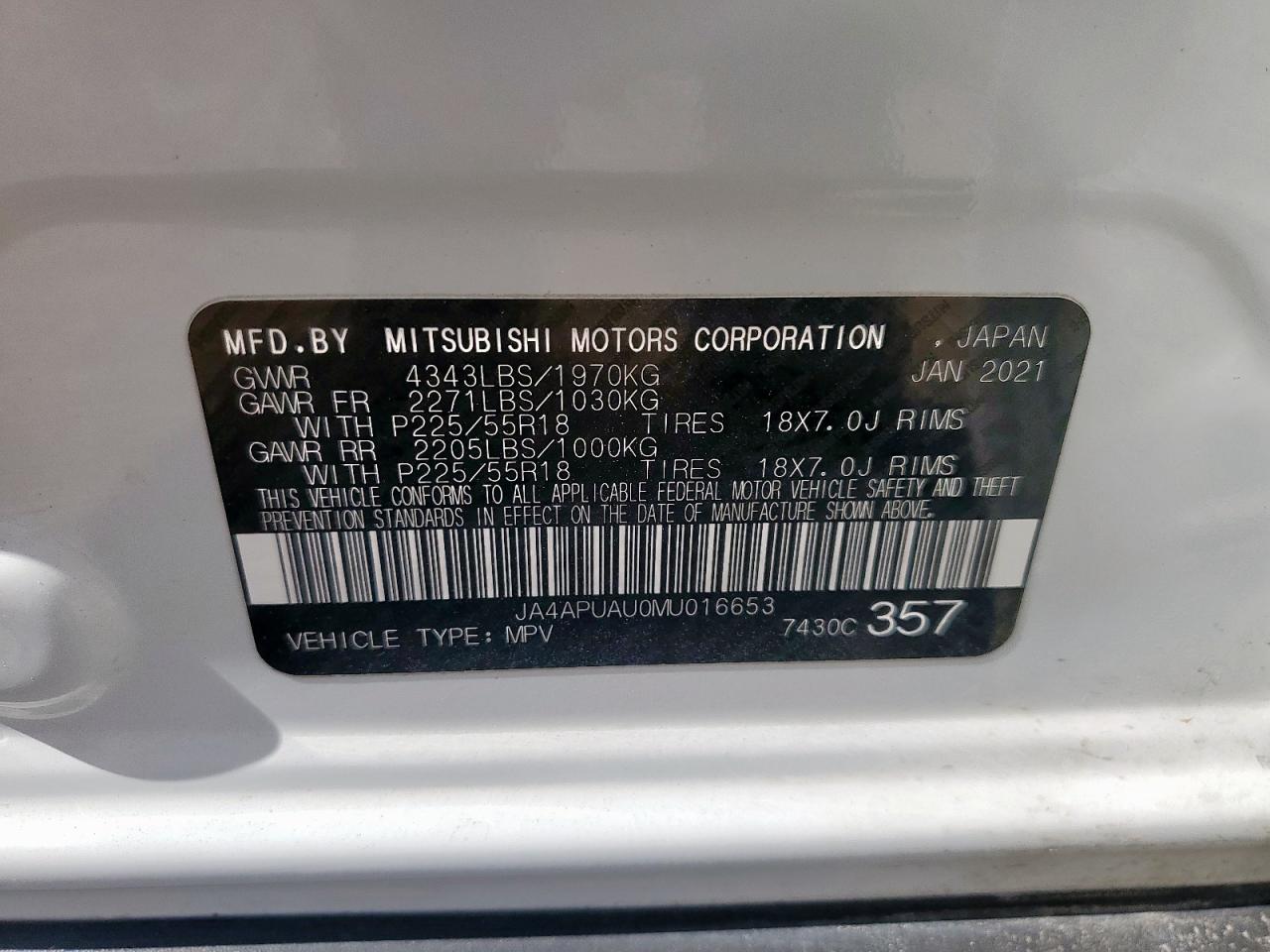2021 Mitsubishi Outlander Sport Es VIN: JA4APUAU0MU016653 Lot: 85366925