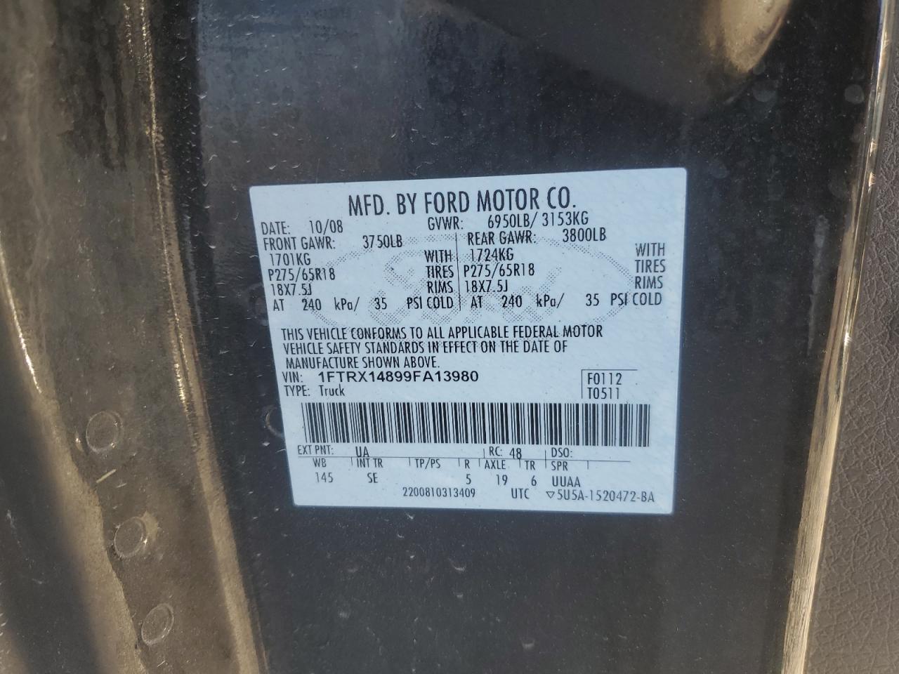 2009 Ford F150 Super Cab VIN: 1FTRX14899FA13980 Lot: 90278545