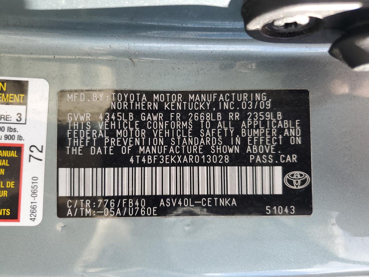 2010 Toyota Camry Base VIN: 4T4BF3EKXAR013028 Lot: 82397365