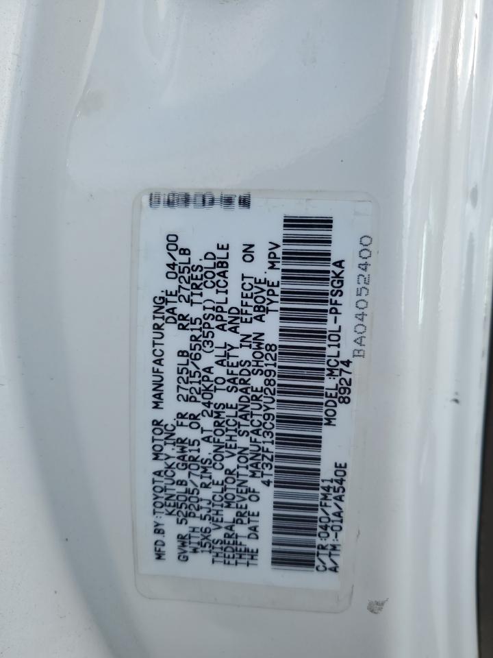 2000 Toyota Sienna Le VIN: 4T3ZF13C9YU289128 Lot: 86704025