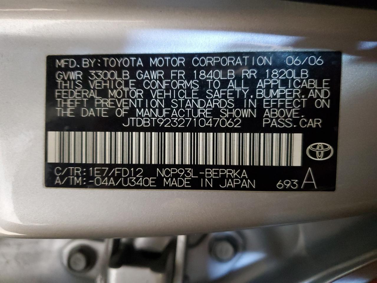 2007 Toyota Yaris VIN: JTDBT923271047062 Lot: 85483825