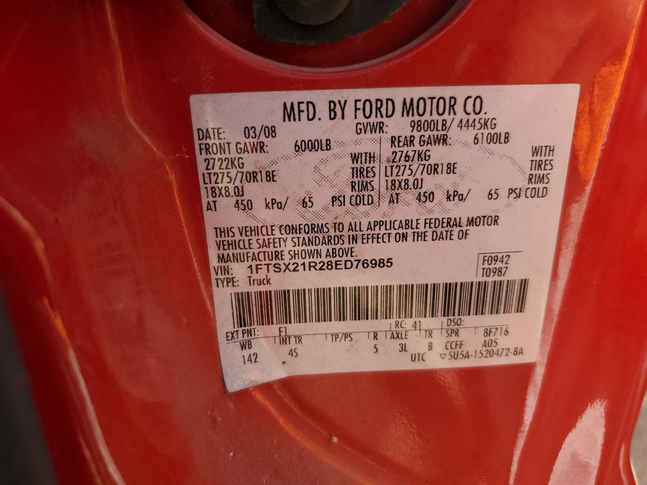 2008 Ford F250 Super Duty VIN: 1FTSX21R28ED76985 Lot: 84600785