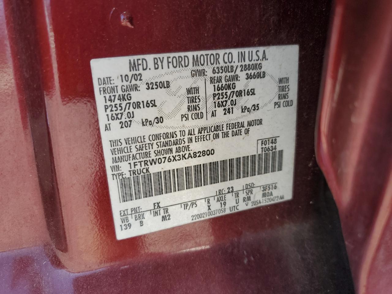 2003 Ford F150 Supercrew VIN: 1FTRW076X3KA82800 Lot: 82039075