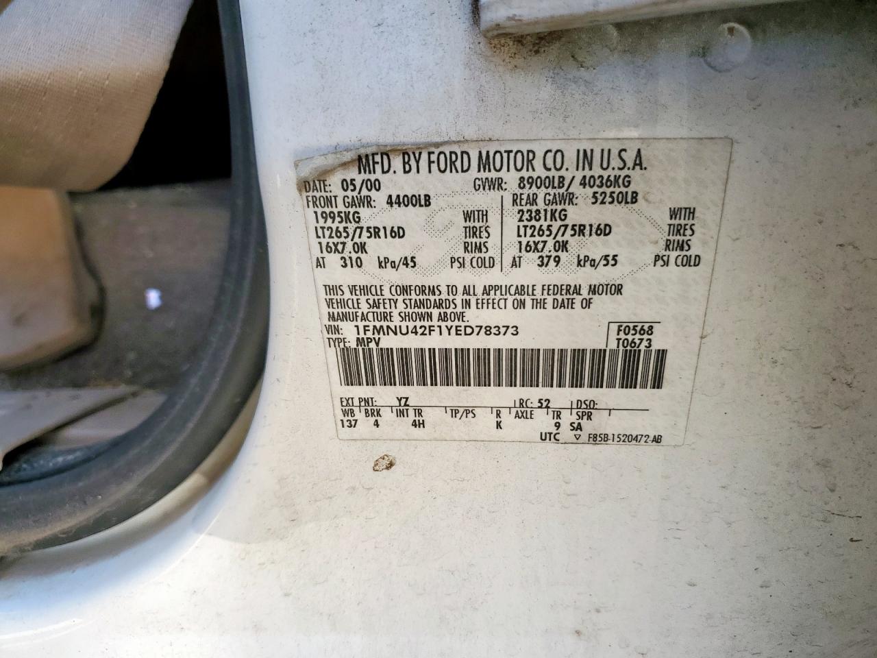 2000 Ford Excursion Limited VIN: 1FMNU42F1YED78373 Lot: 82222175