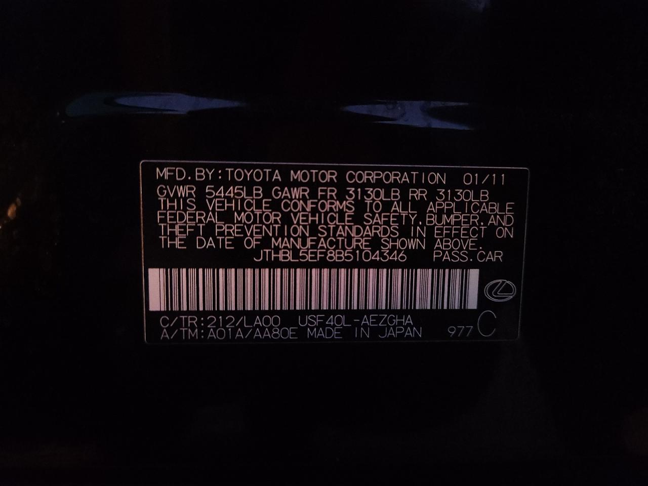 2011 Lexus Ls 460 VIN: JTHBL5EF8B5104346 Lot: 90349515