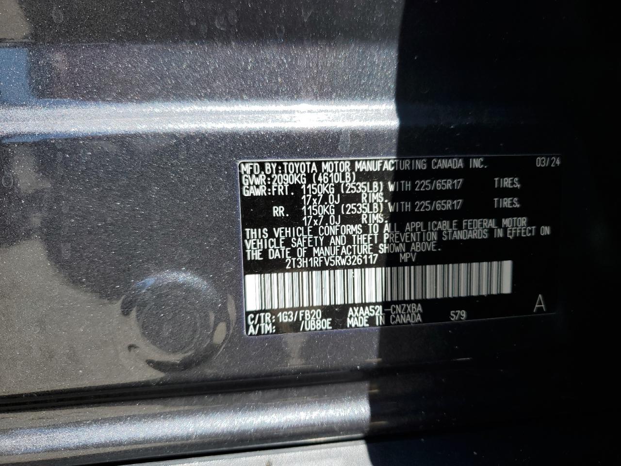 2024 Toyota Rav4 Le VIN: 2T3H1RFV5RW326117 Lot: 85882875