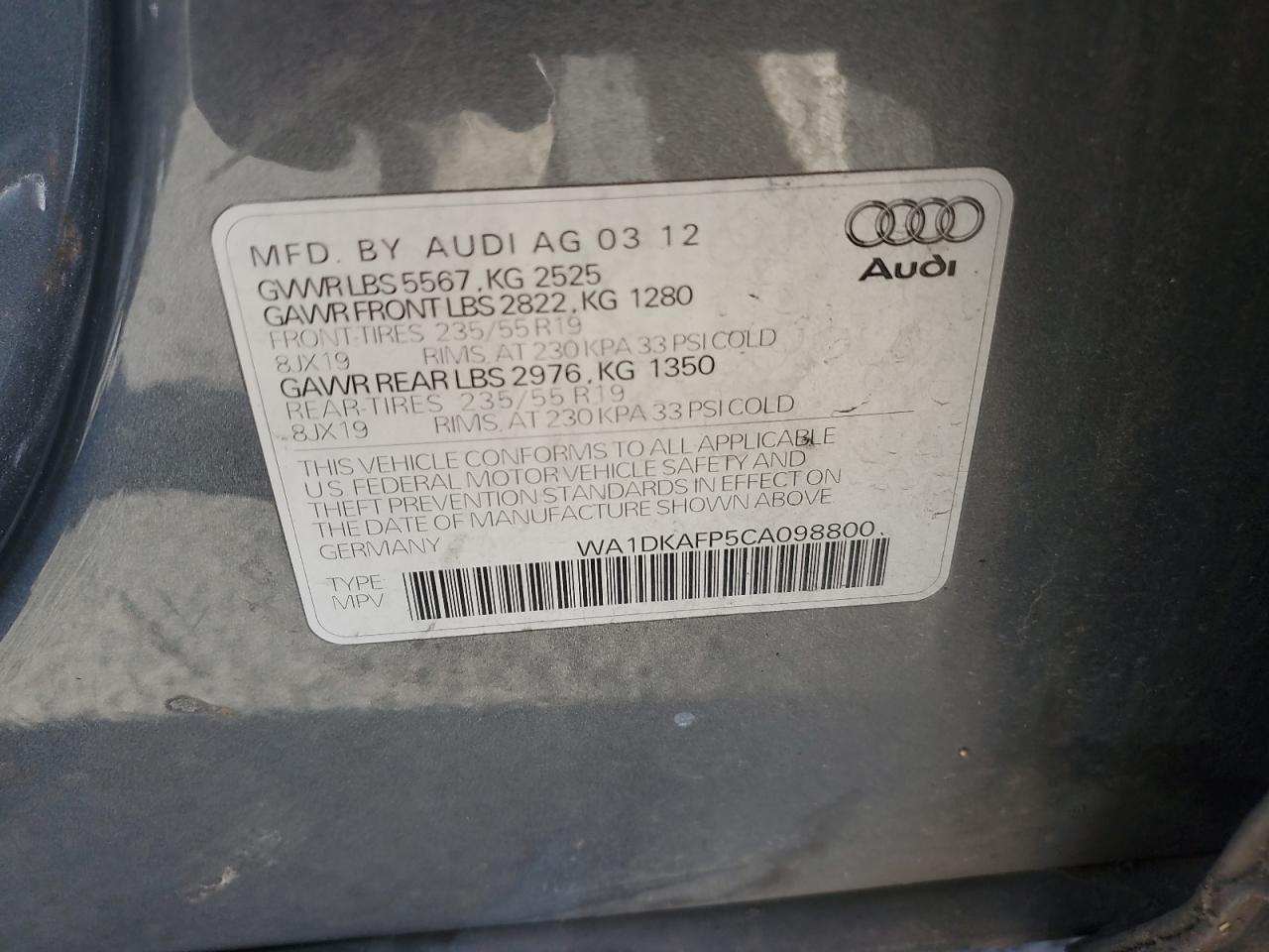 2012 Audi Q5 Premium Plus VIN: WA1DKAFP5CA098800 Lot: 80877975