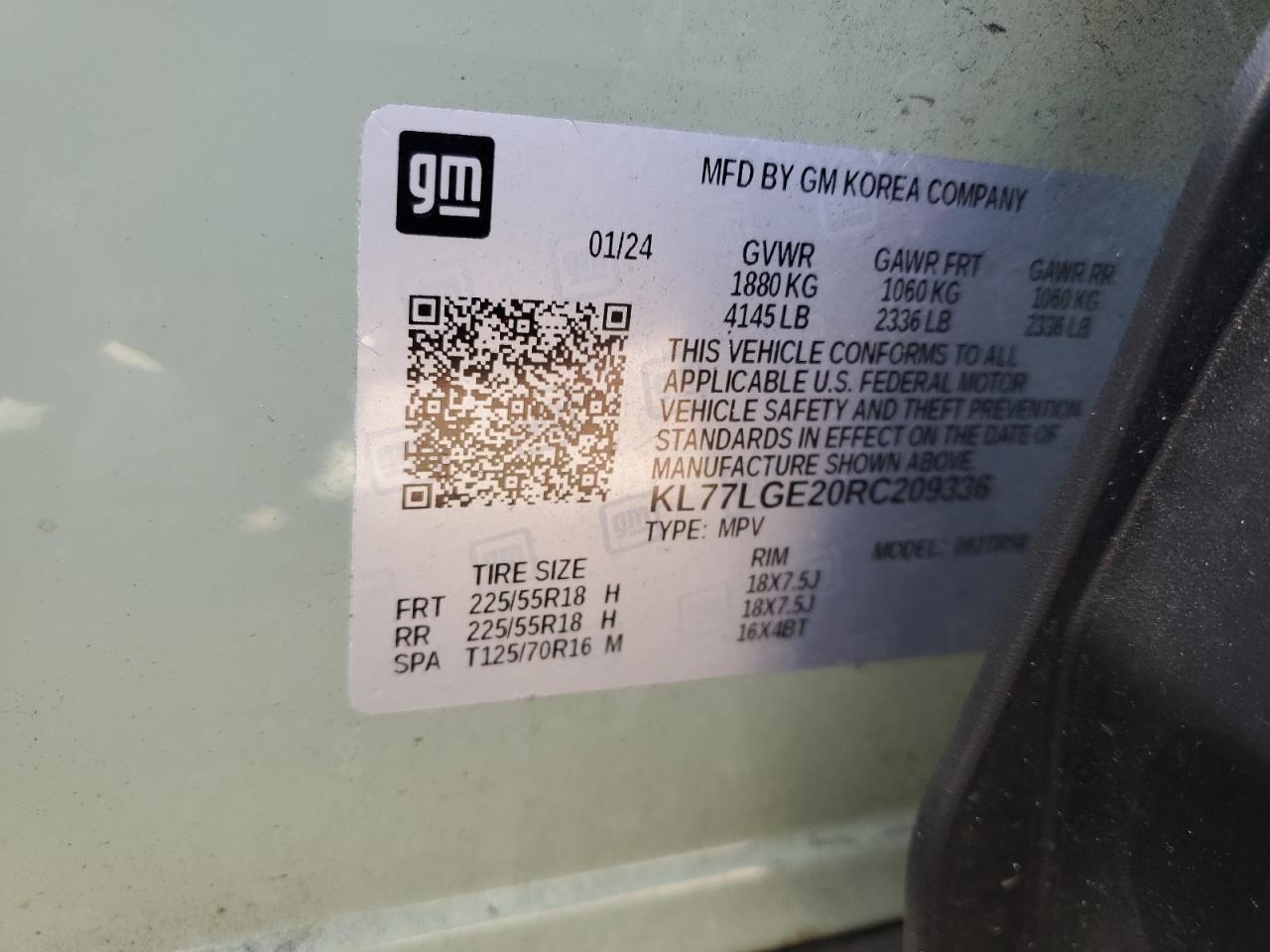 2024 Chevrolet Trax 1Rs VIN: KL77LGE20RC209336 Lot: 85513215