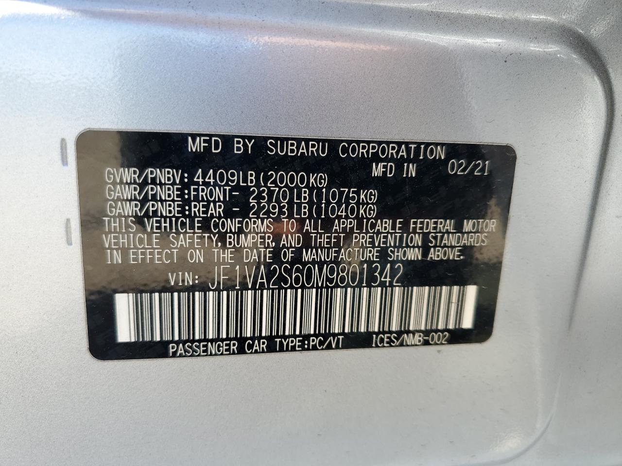 2021 Subaru Wrx Sti VIN: JF1VA2S60M9801342 Lot: 85767795