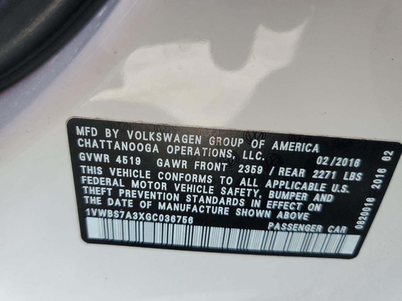 2016 Volkswagen Passat Se VIN: 1VWBS7A3XGC036756 Lot: 85493515