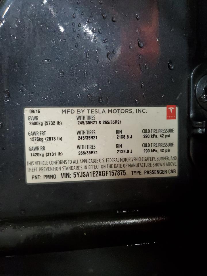2016 Tesla Model S VIN: 5YJSA1E2XGF157875 Lot: 86836275