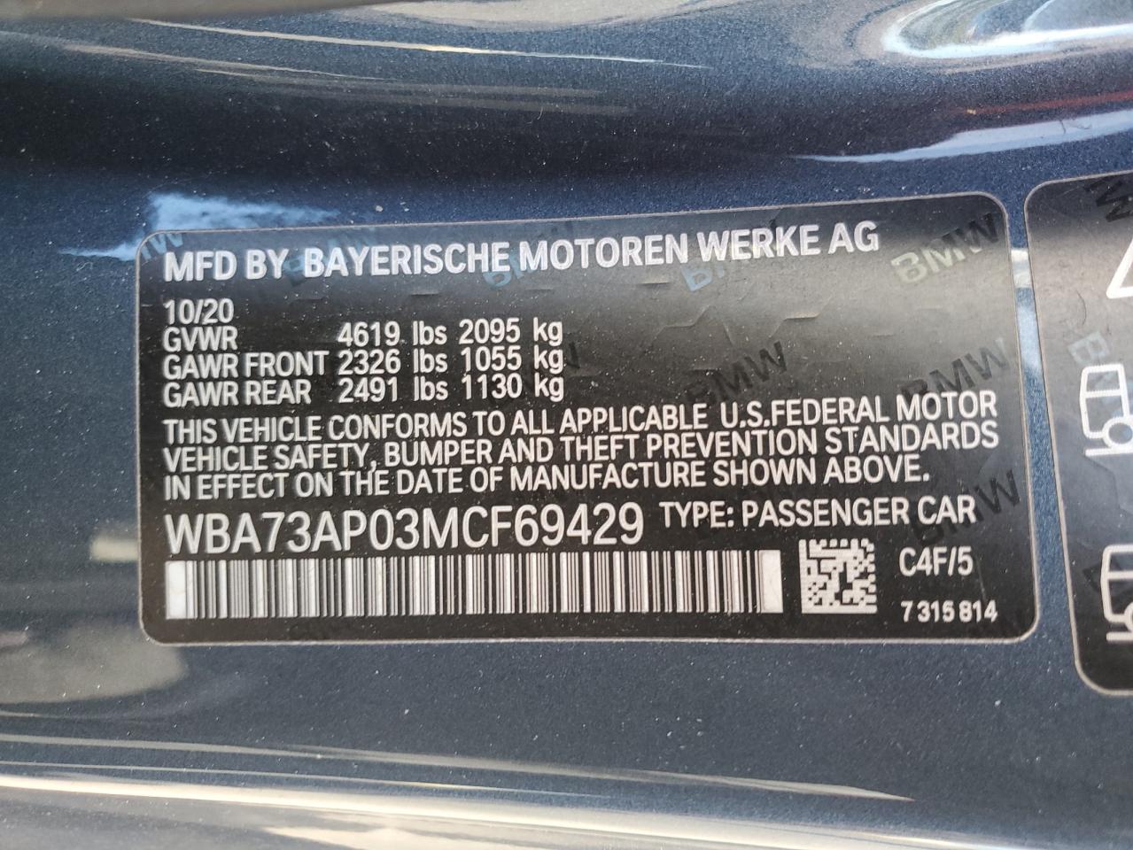 2021 BMW 430Xi VIN: WBA73AP03MCF69429 Lot: 82279505