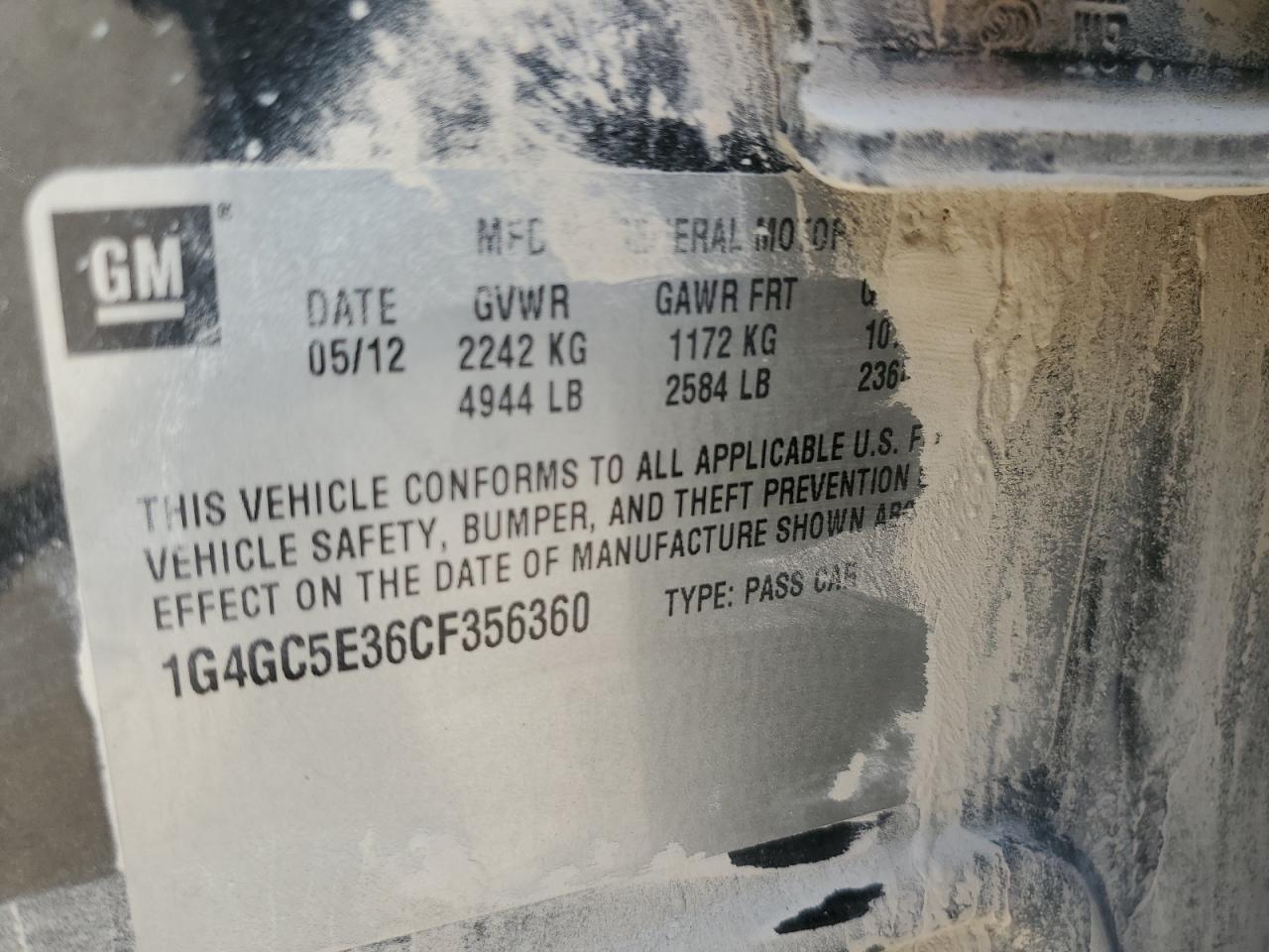 2012 Buick Lacrosse VIN: 1G4GC5E36CF356360 Lot: 86174305