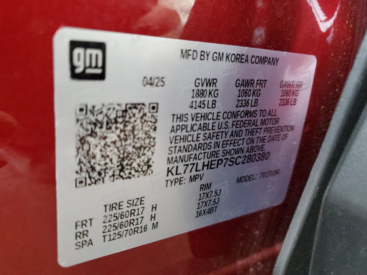 2025 Chevrolet Trax 1Lt VIN: KL77LHEP7SC280380 Lot: 85356155