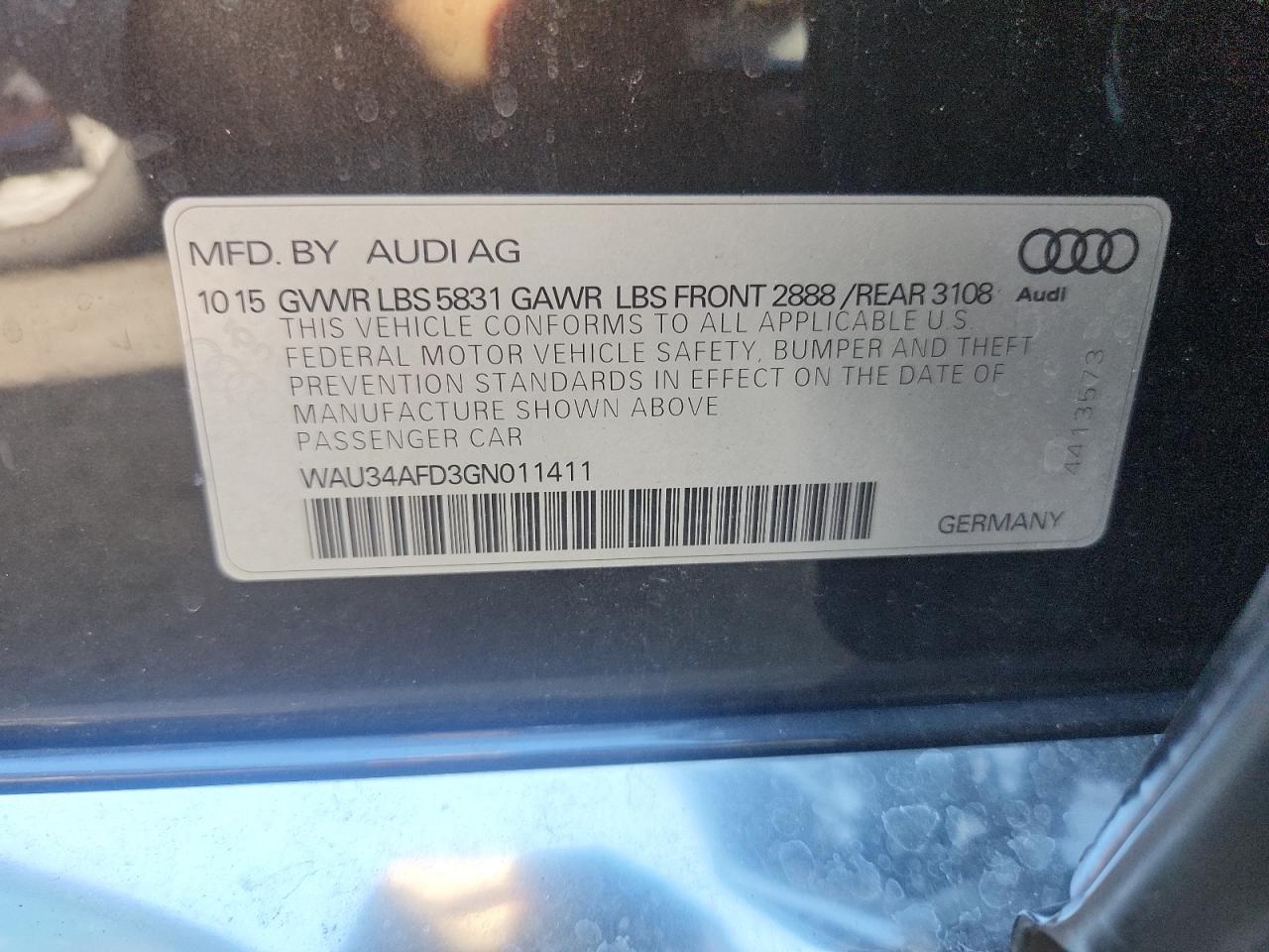 2016 Audi A8 L Quattro VIN: WAU34AFD3GN011411 Lot: 85347635