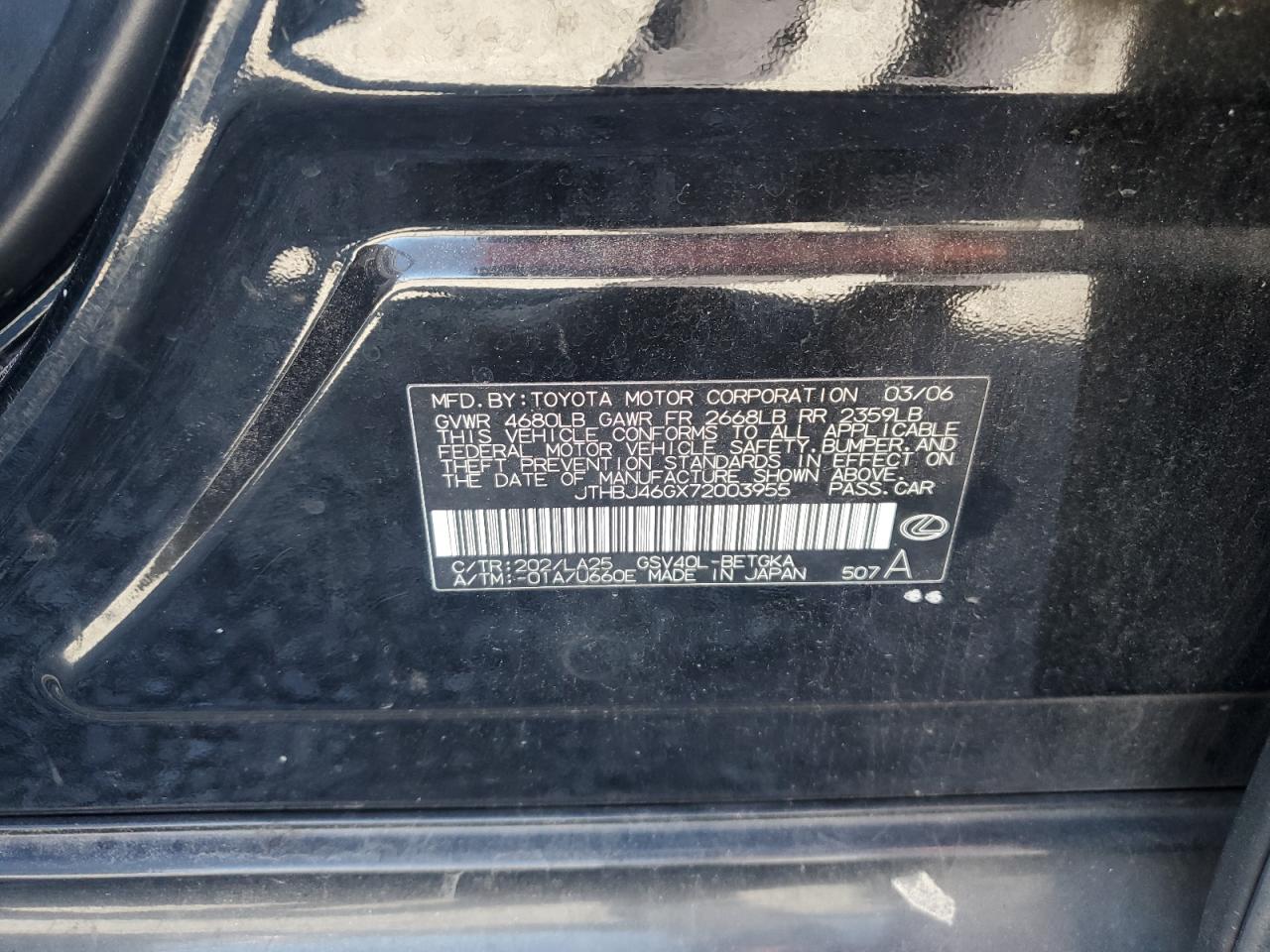 2007 Lexus Es 350 VIN: JTHBJ46GX72003955 Lot: 86119705