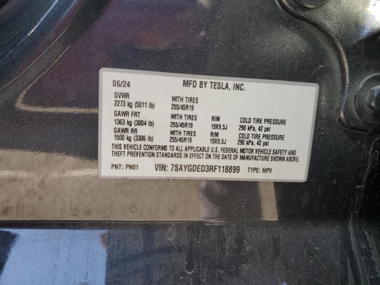 2024 Tesla Model Y VIN: 7SAYGDED3RF118899 Lot: 87443625