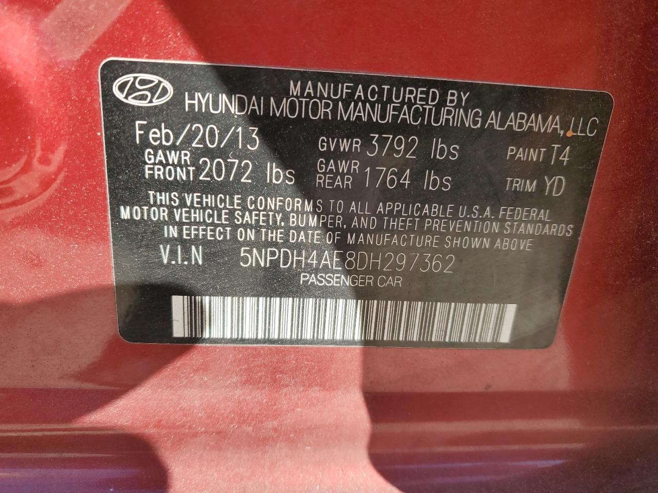2013 Hyundai Elantra Gls VIN: 5NPDH4AE8DH297362 Lot: 86513115