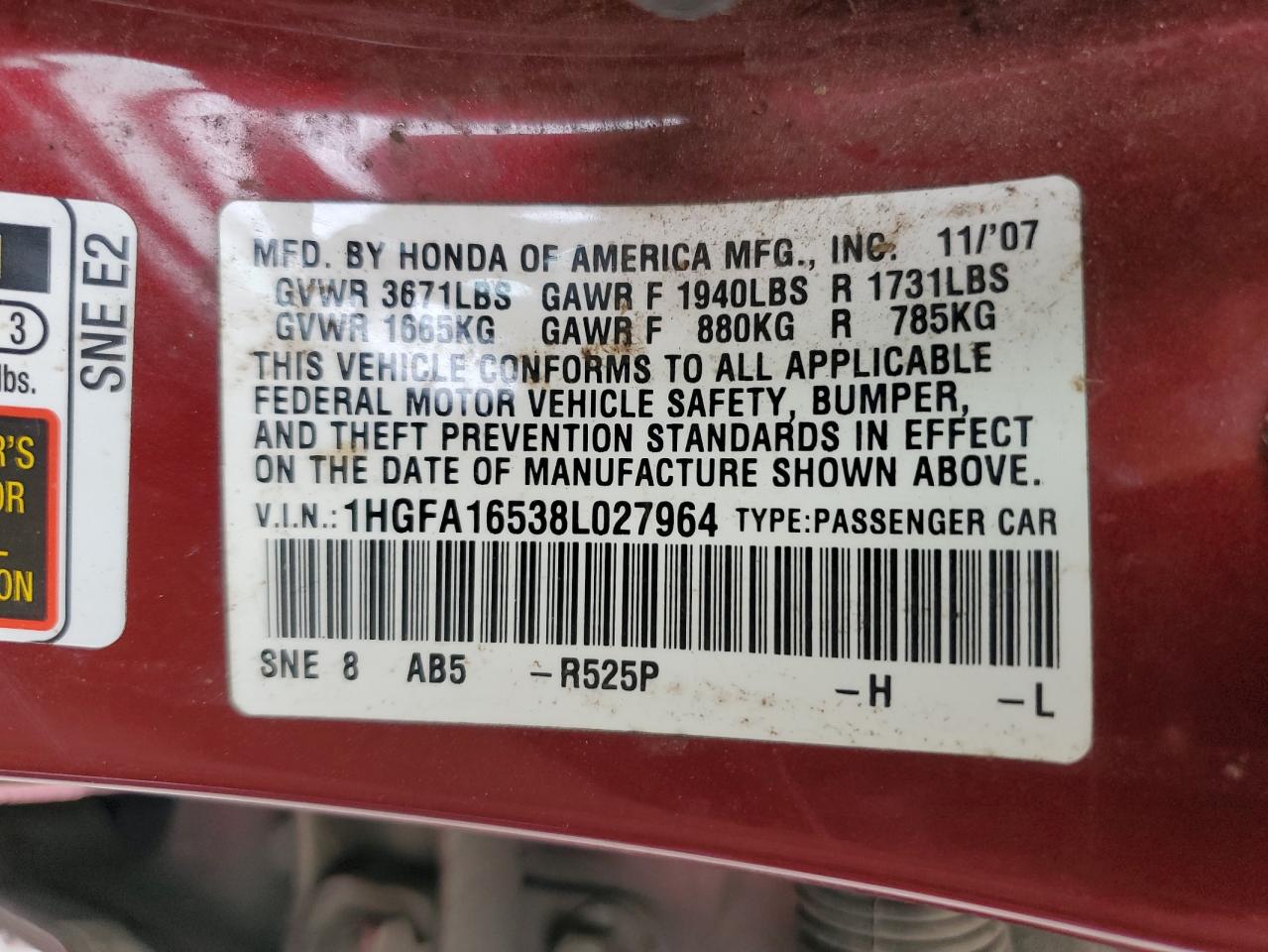 2008 Honda Civic Lx VIN: 1HGFA16538L027964 Lot: 72016885