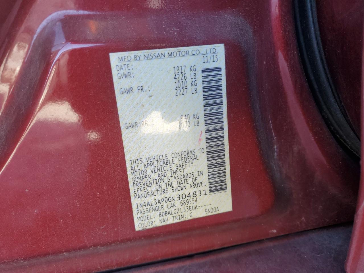 2016 Nissan Altima 2.5 VIN: 1N4AL3AP0GN304831 Lot: 86077285