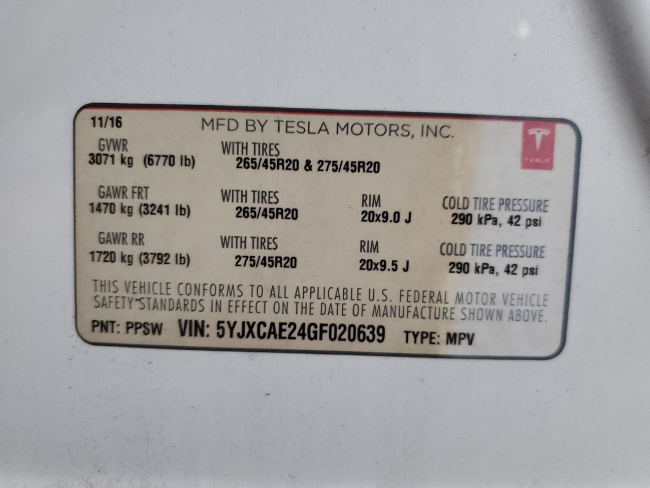2016 Tesla Model X VIN: 5YJXCAE24GF020639 Lot: 82604195