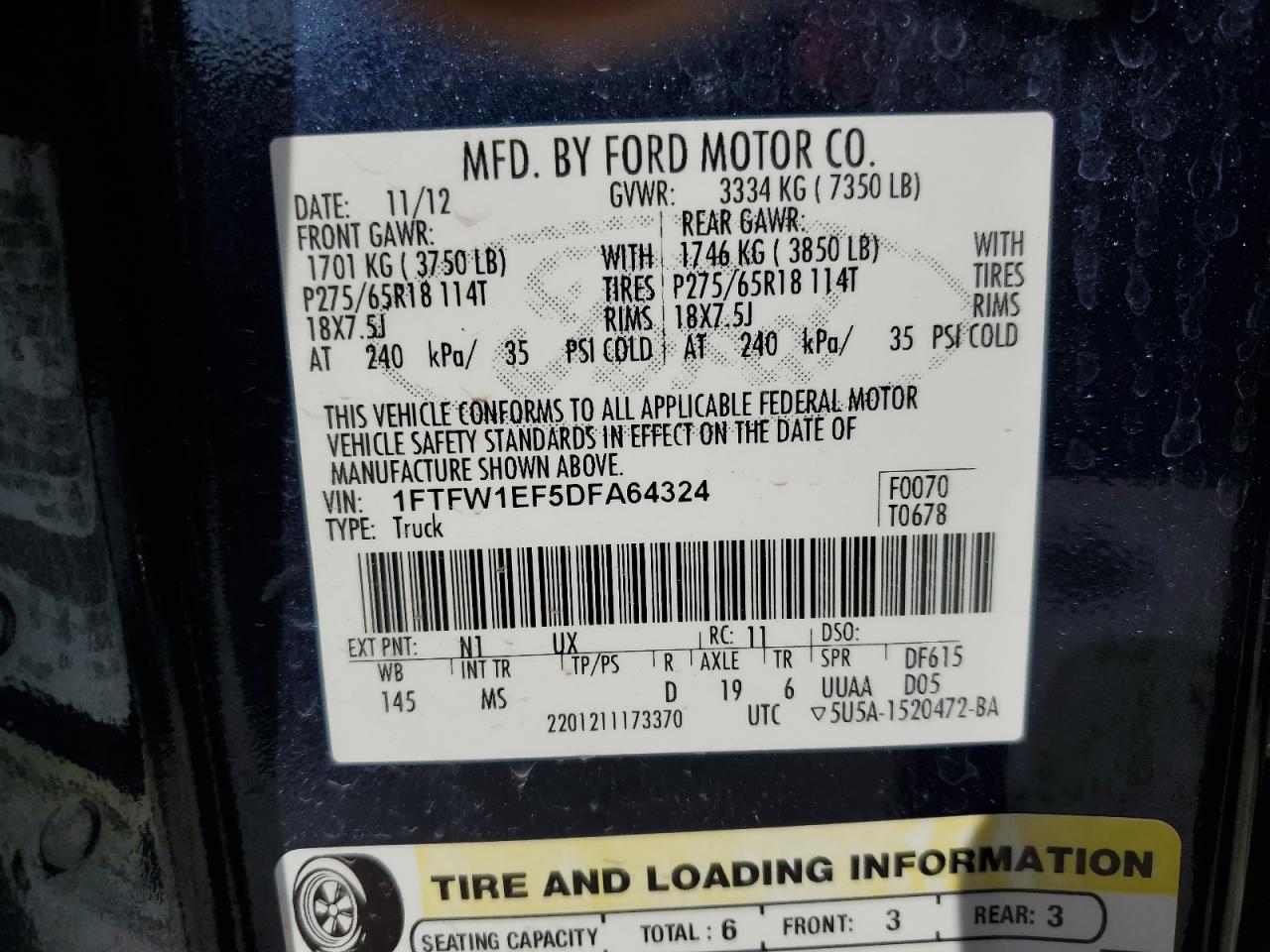 2013 Ford F150 Supercrew VIN: 1FTFW1EF5DFA64324 Lot: 90491655