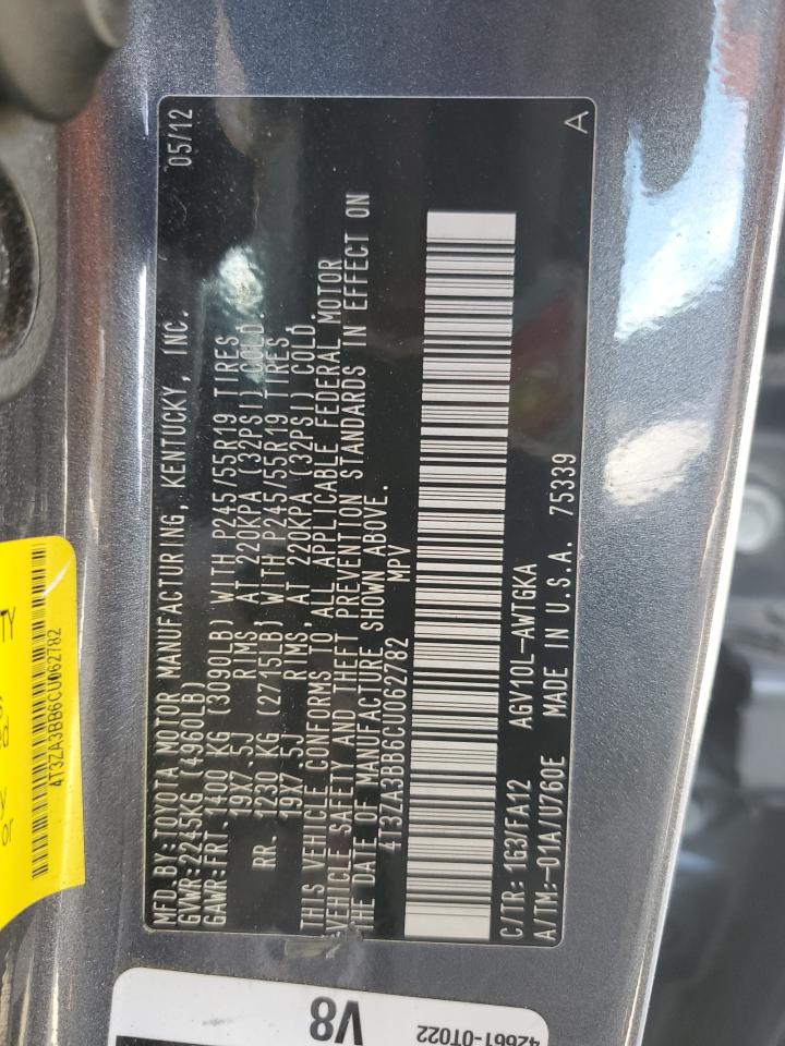 2012 Toyota Venza Le VIN: 4T3ZA3BB6CU062782 Lot: 84966735