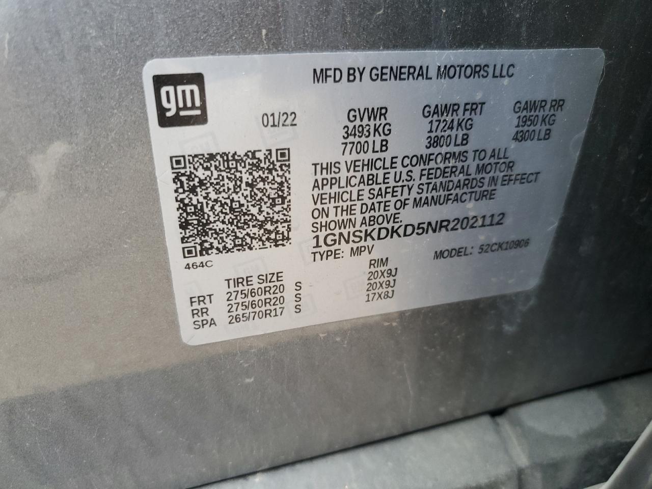 2022 Chevrolet Suburban K1500 Z71 VIN: 1GNSKDKD5NR202112 Lot: 89927245