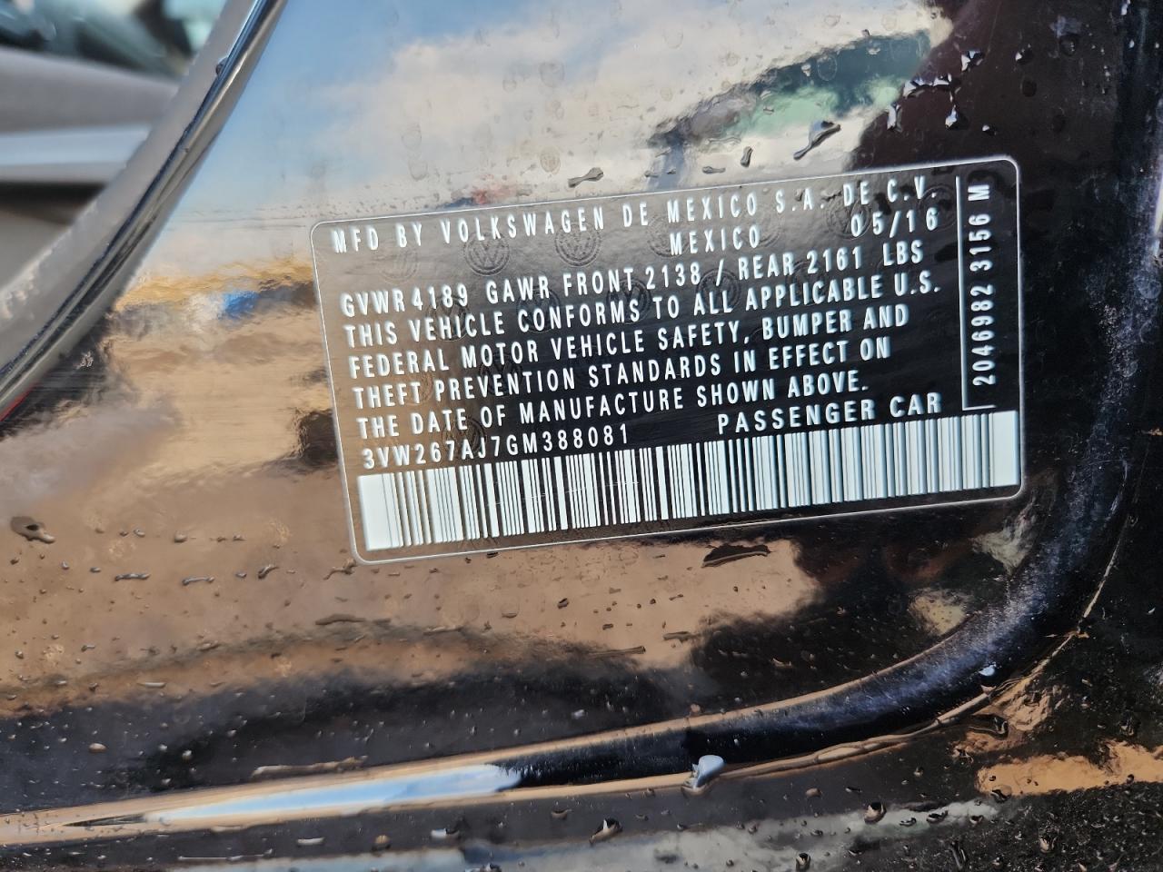 2016 Volkswagen Jetta S VIN: 3VW267AJ7GM388081 Lot: 85761625