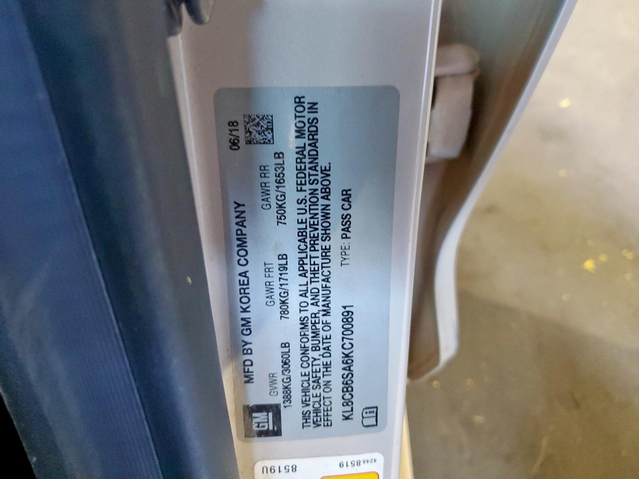 2019 Chevrolet Spark Ls VIN: KL8CB6SA6KC700891 Lot: 82443575