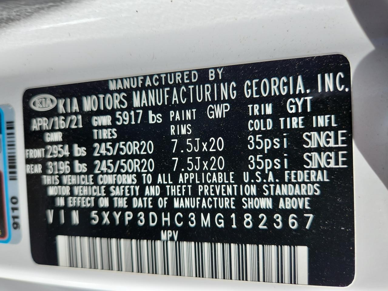 2021 Kia Telluride Ex VIN: 5XYP3DHC3MG182367 Lot: 84467975