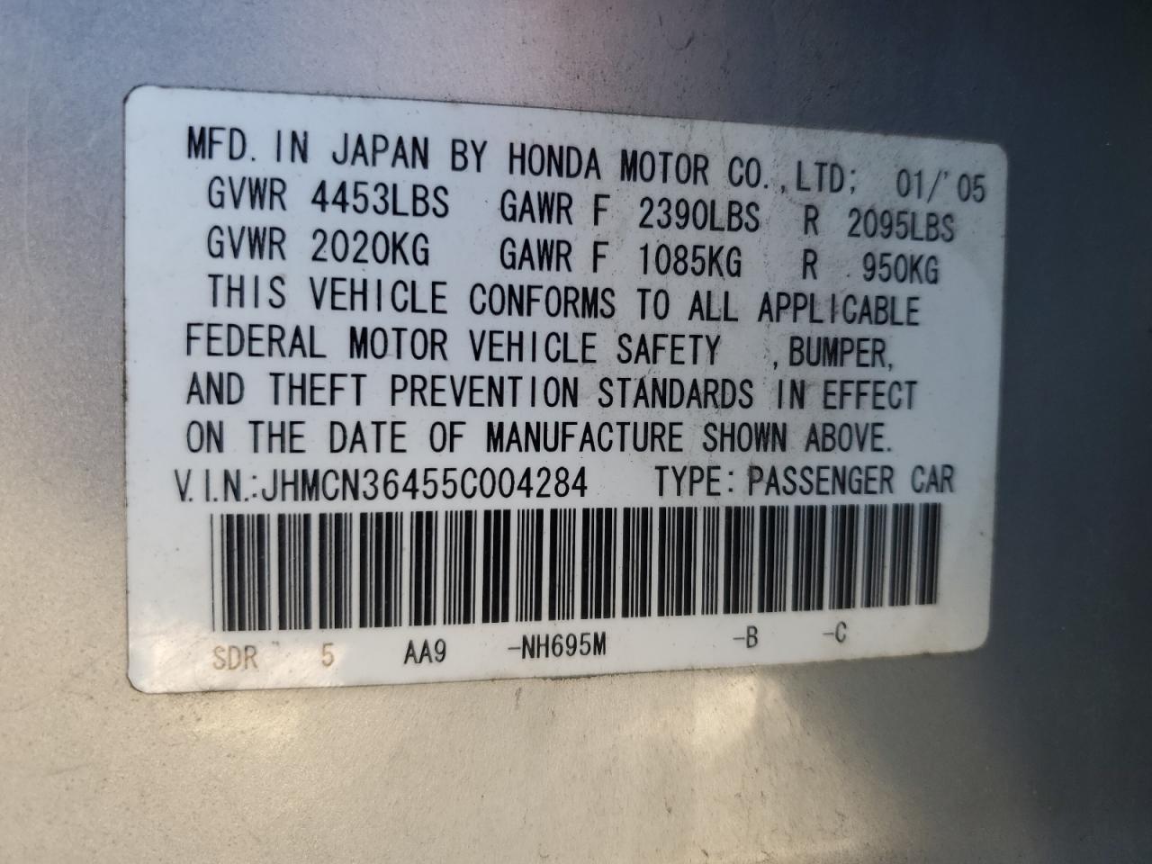 2005 Honda Accord Hybrid VIN: JHMCN36455C004284 Lot: 86327405