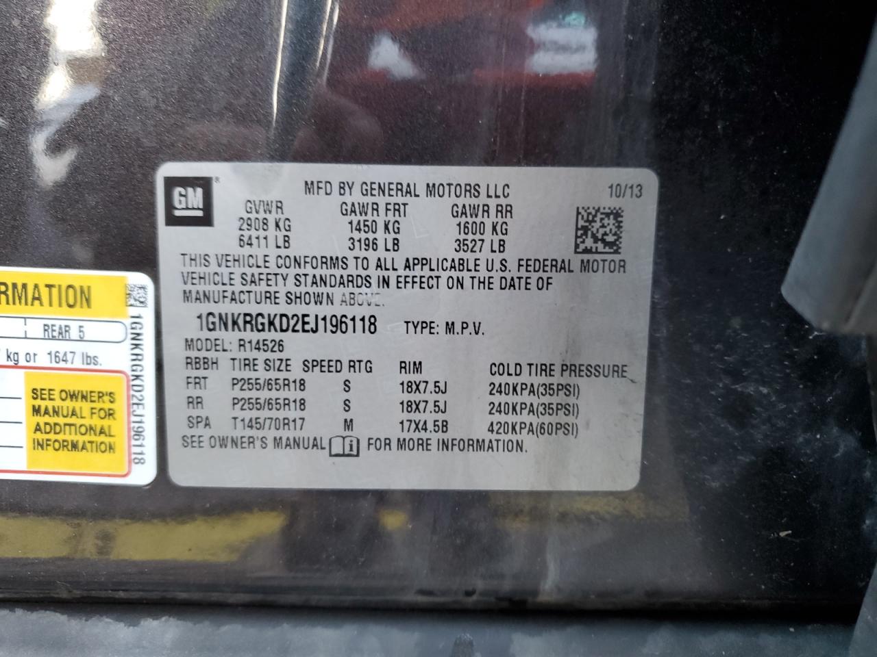 2014 Chevrolet Traverse Lt VIN: 1GNKRGKD2EJ196118 Lot: 85734955