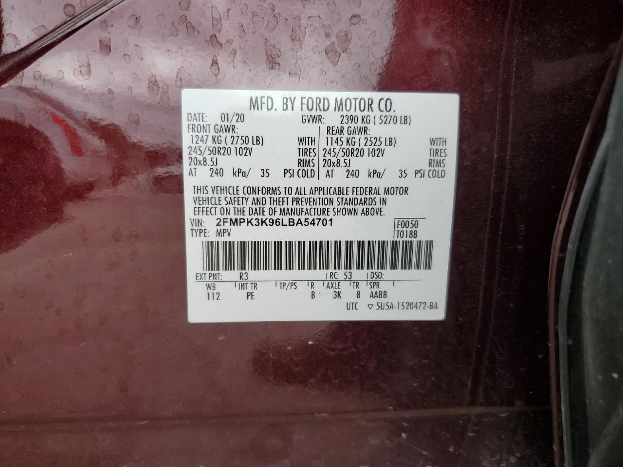 2020 Ford Edge Titanium VIN: 2FMPK3K96LBA54701 Lot: 85740775