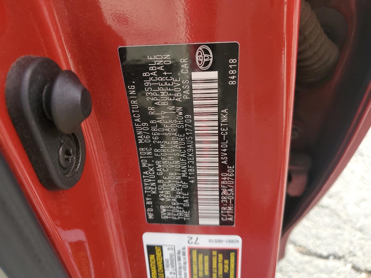 2010 Toyota Camry Base VIN: 4T1BF3EK9AU517709 Lot: 85871455