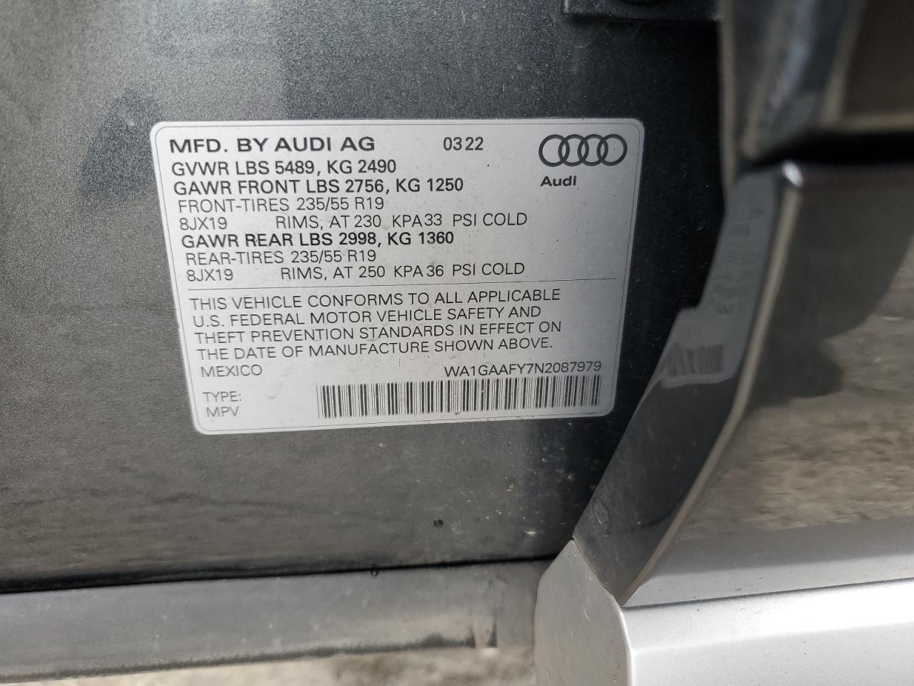 2022 Audi Q5 Premium 45 VIN: WA1GAAFY7N2087979 Lot: 86898795