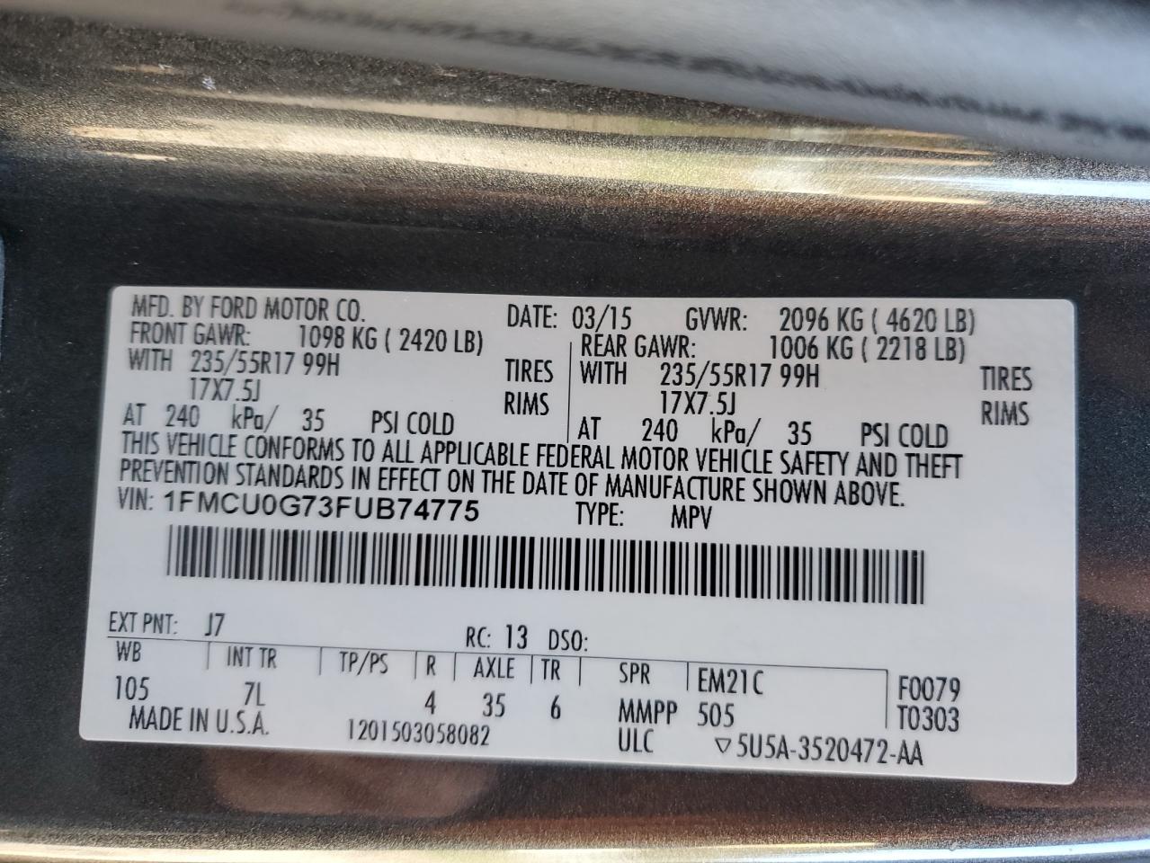 2015 Ford Escape Se VIN: 1FMCU0G73FUB74775 Lot: 82490795