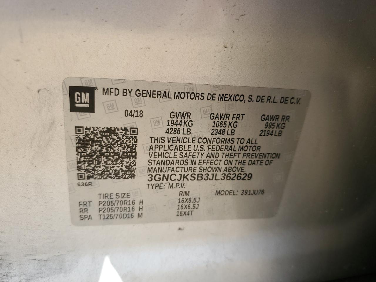 2018 Chevrolet Trax Ls VIN: 3GNCJKSB3JL362629 Lot: 85419855