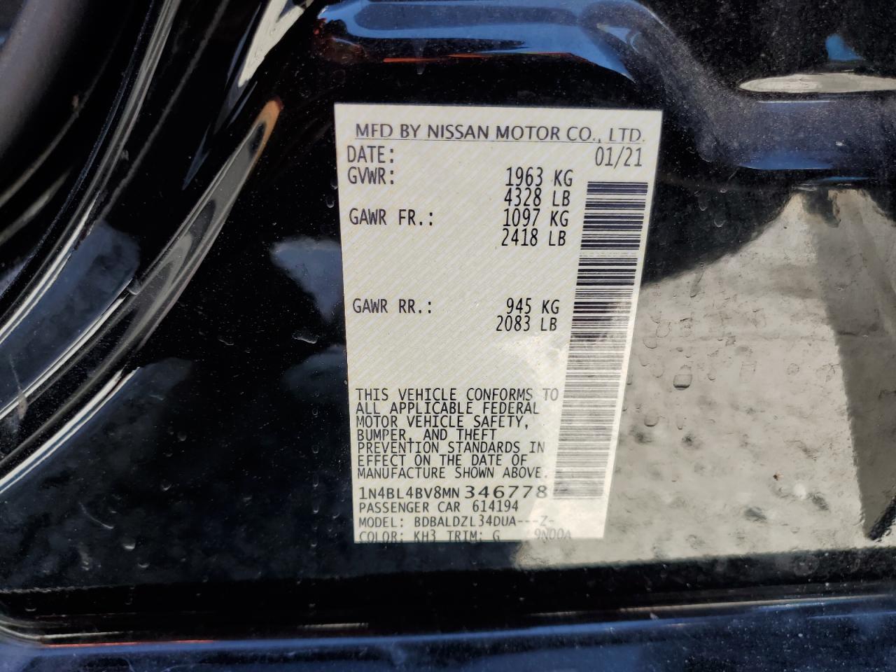 2021 Nissan Altima S VIN: 1N4BL4BV8MN346778 Lot: 86606065