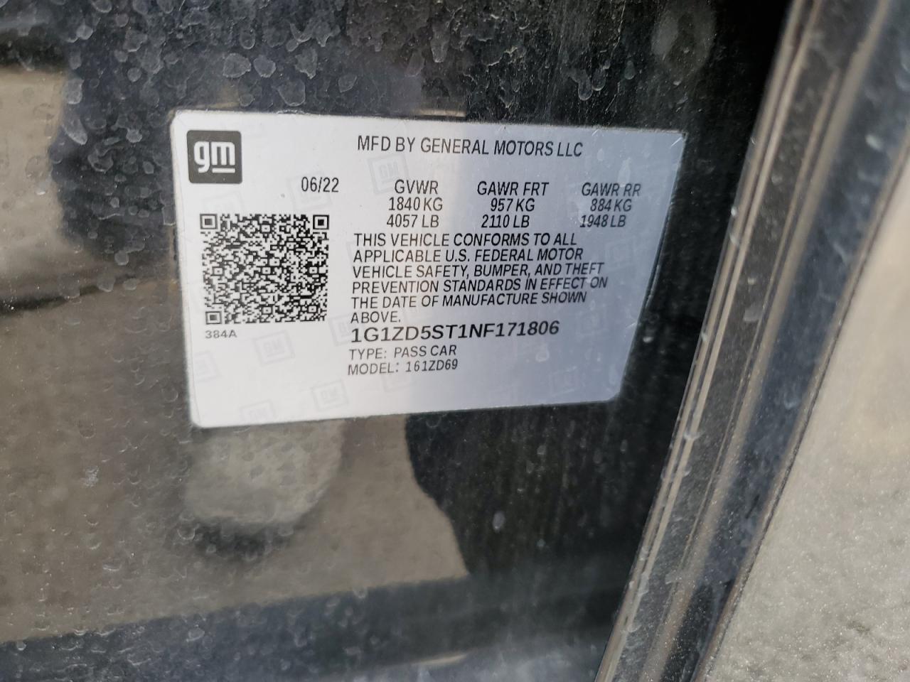 2022 Chevrolet Malibu Lt VIN: 1G1ZD5ST1NF171806 Lot: 84901595