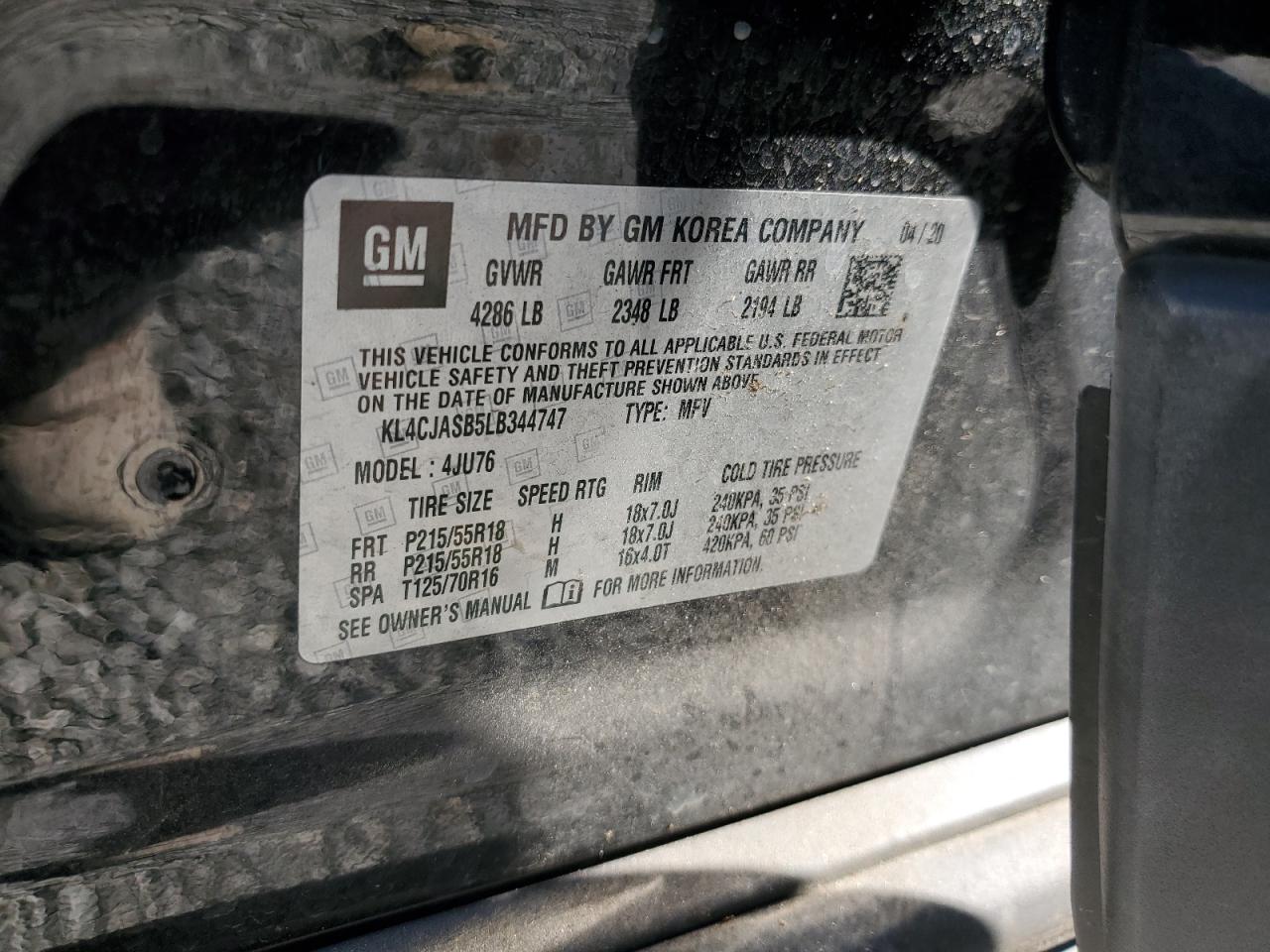 2020 Buick Encore Preferred VIN: KL4CJASB5LB344747 Lot: 89818895