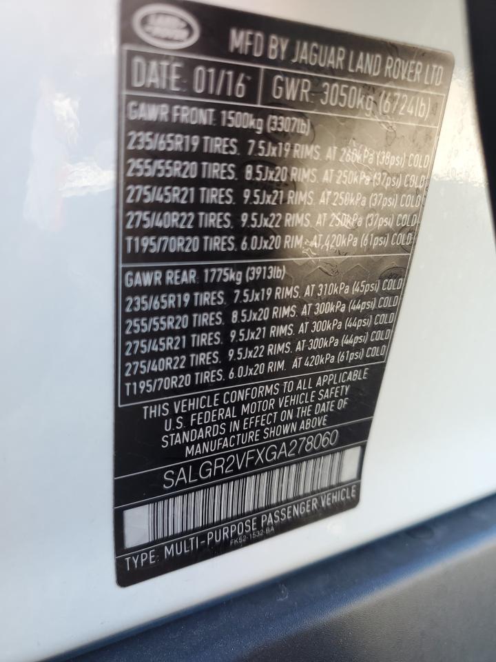 2016 Land Rover Range Rover VIN: SALGR2VFXGA278060 Lot: 90629745
