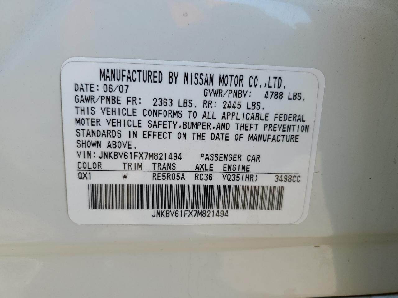 2007 Infiniti G35 VIN: JNKBV61FX7M821494 Lot: 85851005