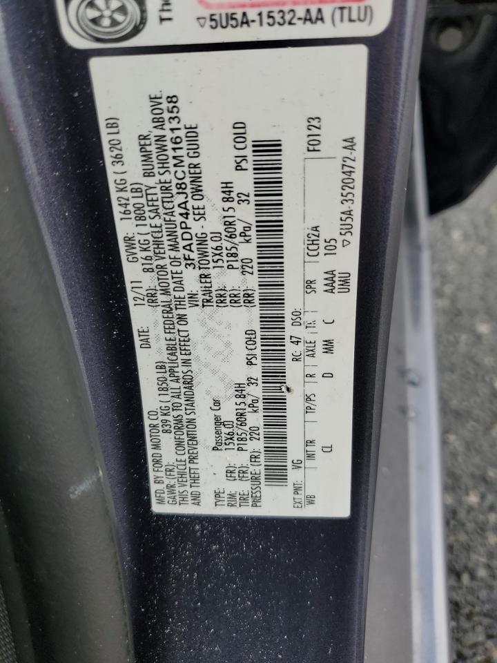 2012 Ford Fiesta S VIN: 3FADP4AJ8CM161358 Lot: 87276085