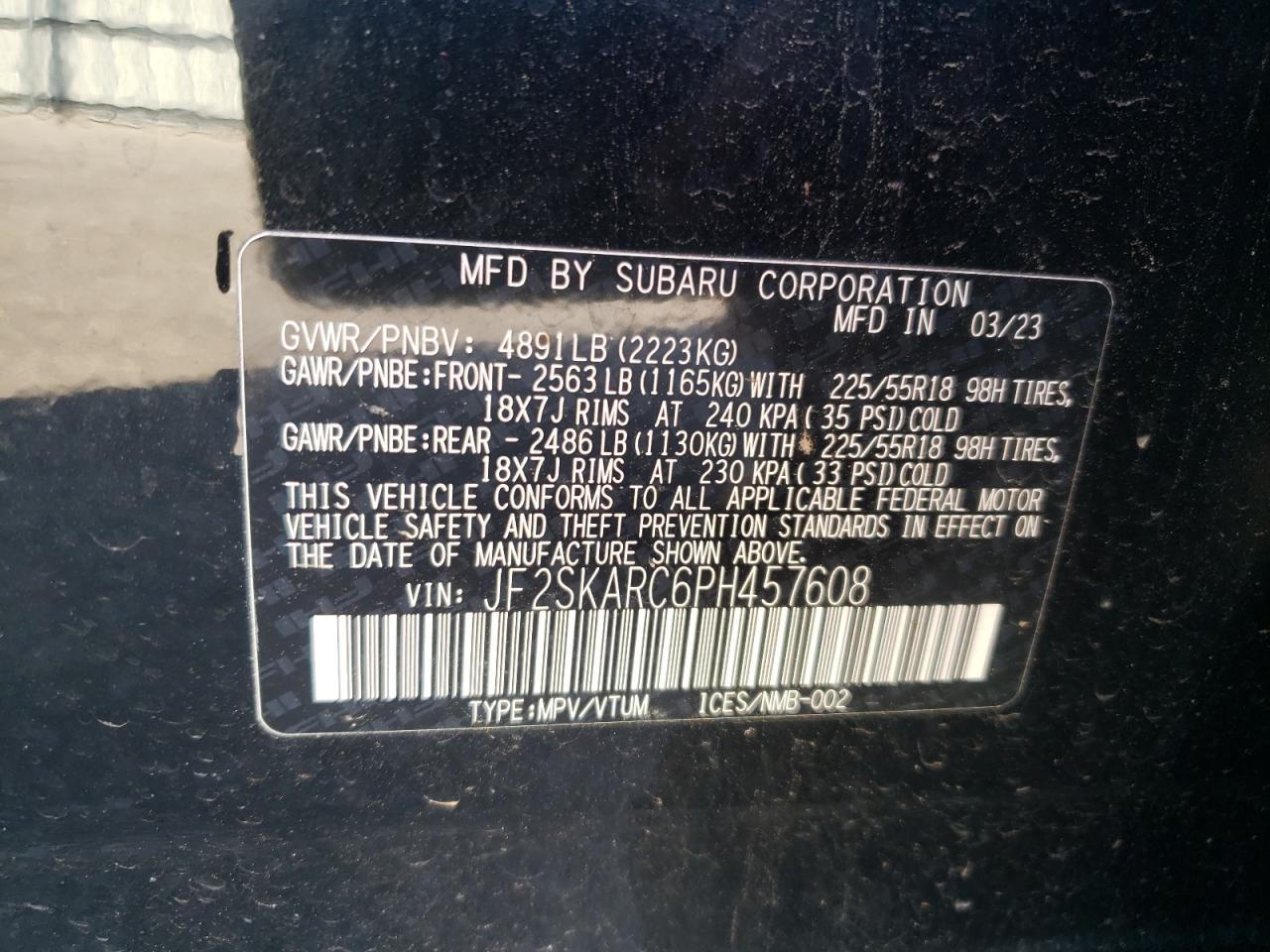 2023 Subaru Forester Touring VIN: JF2SKARC6PH457608 Lot: 87245845