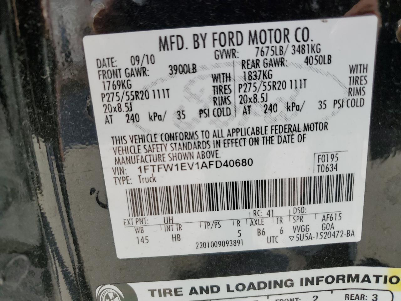 2010 Ford F150 Supercrew VIN: 1FTFW1EV1AFD40680 Lot: 86820855