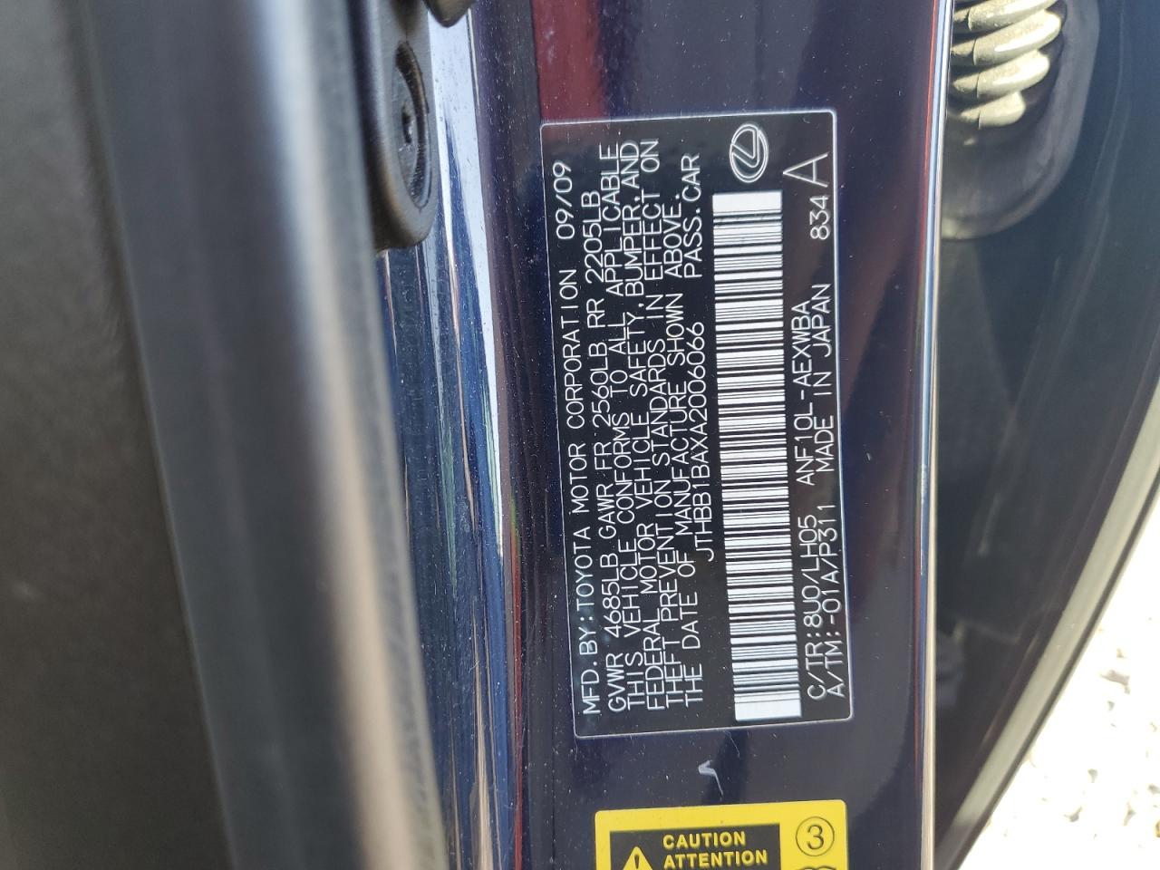 2010 Lexus Hs 250H VIN: JTHBB1BAXA2006066 Lot: 85207935