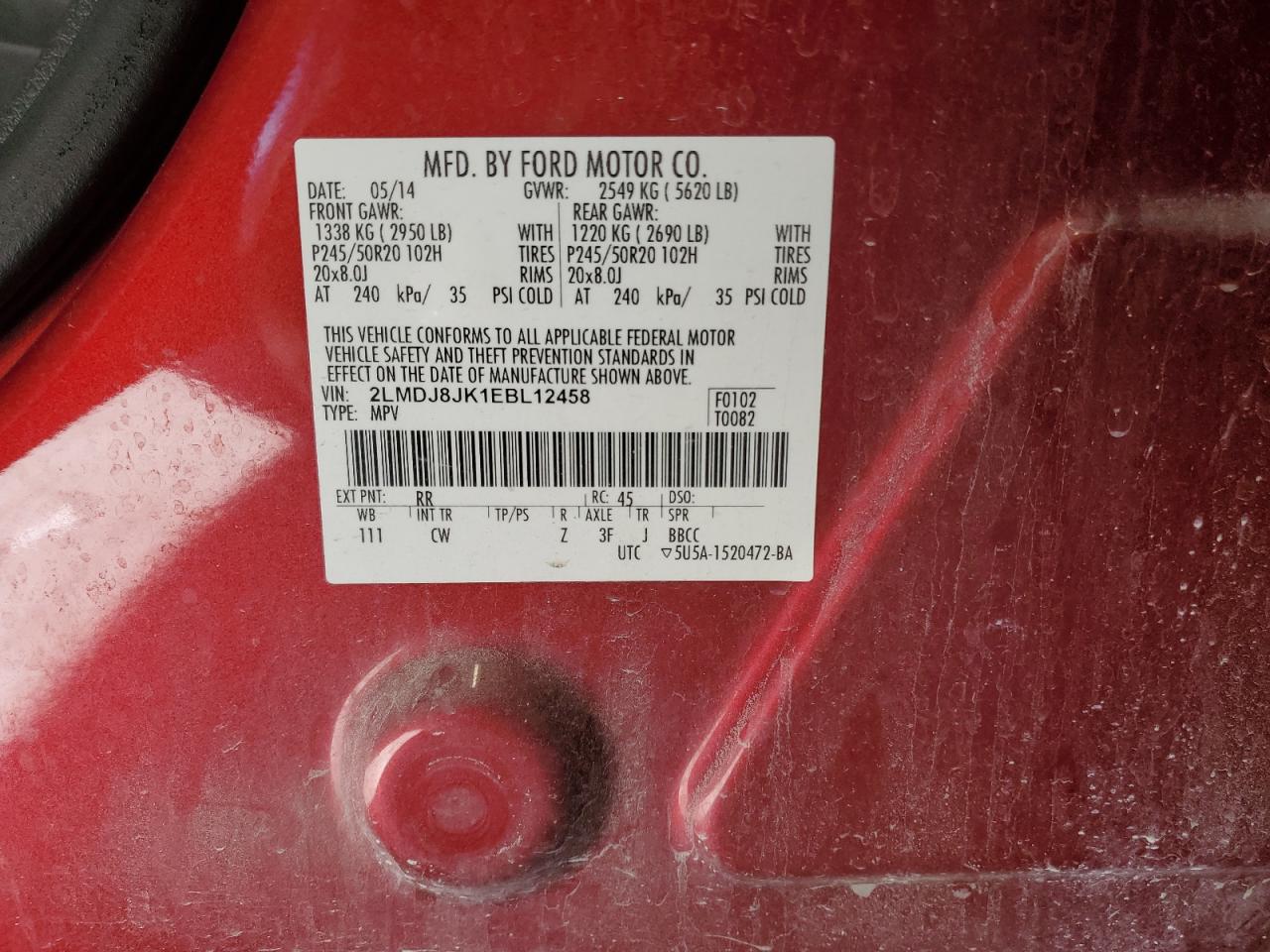 2014 Lincoln Mkx VIN: 2LMDJ8JK1EBL12458 Lot: 85087575