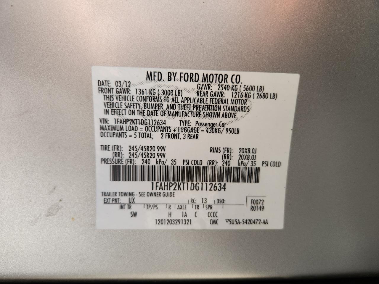 2013 Ford Taurus Sho VIN: 1FAHP2KT1DG112634 Lot: 89816735