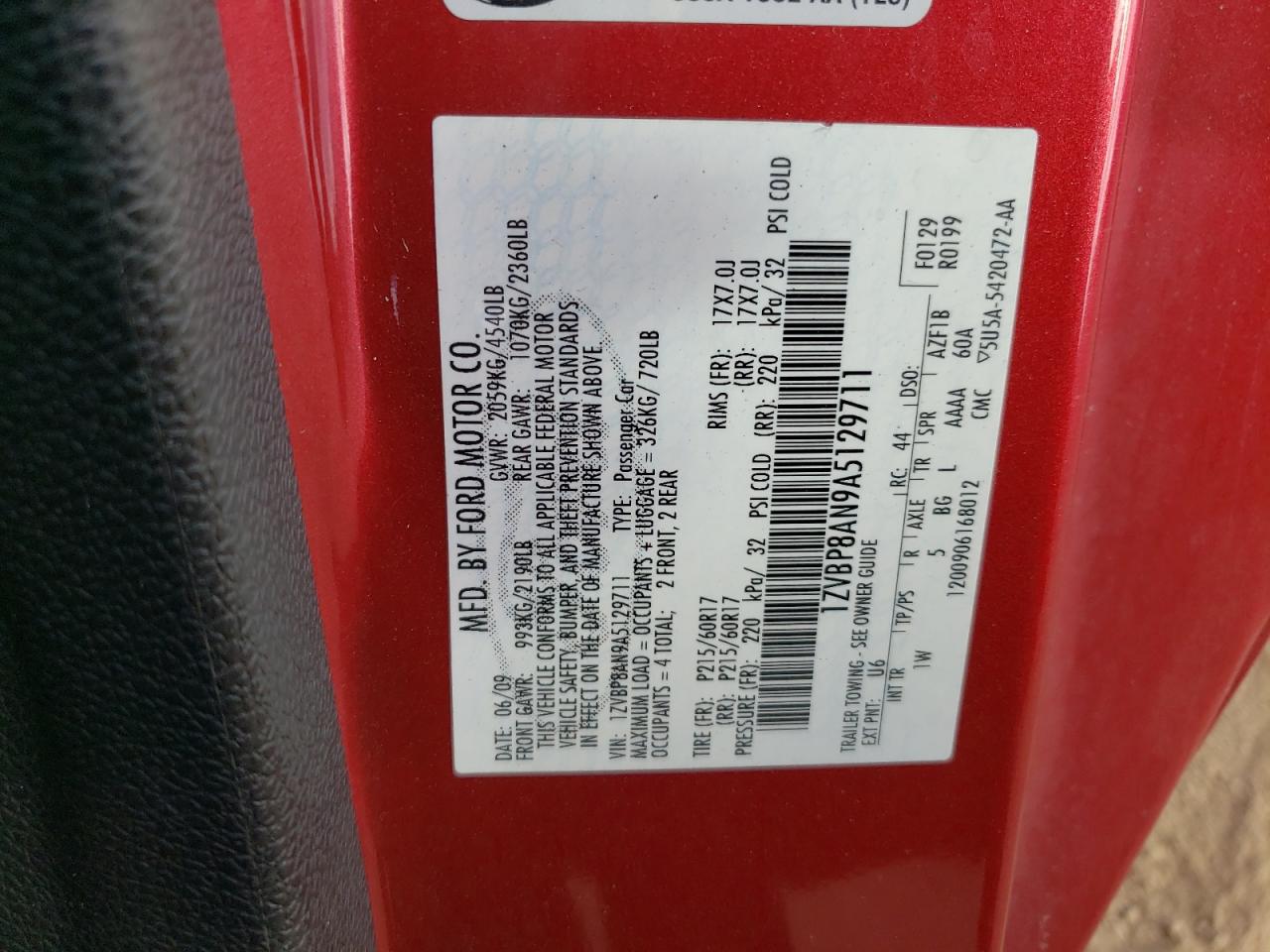 2010 Ford Mustang VIN: 1ZVBP8AN9A5129711 Lot: 81914605